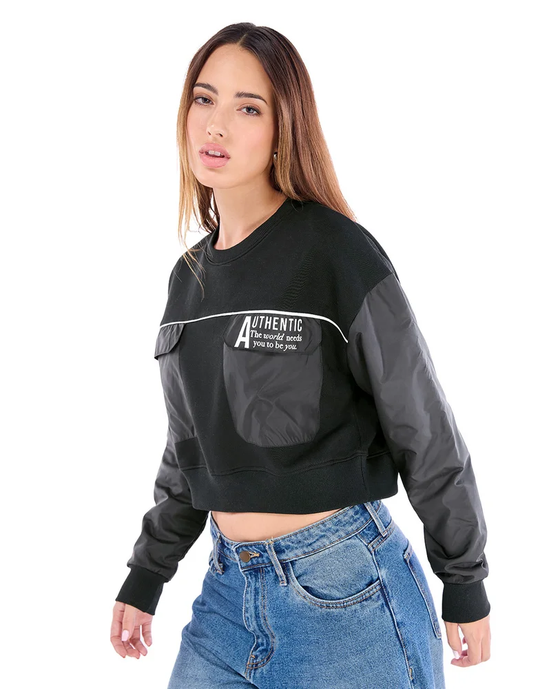 بيواكوف Women's Black & Grey Typography Oversized Crop Sweatshirt